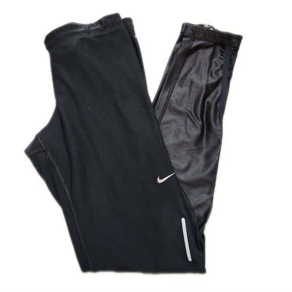 Nike Dri-Fit black running tights/leggings, faux leather calf, zip ankle, Small - Picture 1 of 12